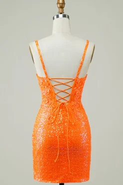 Glitter Orange Tight Homecoming Vestido com frisado