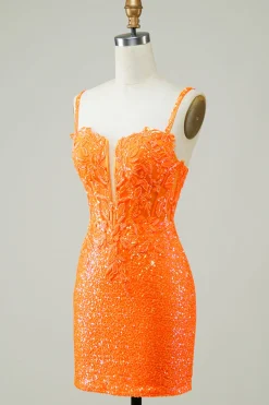 Glitter Orange Tight Homecoming Vestido com frisado