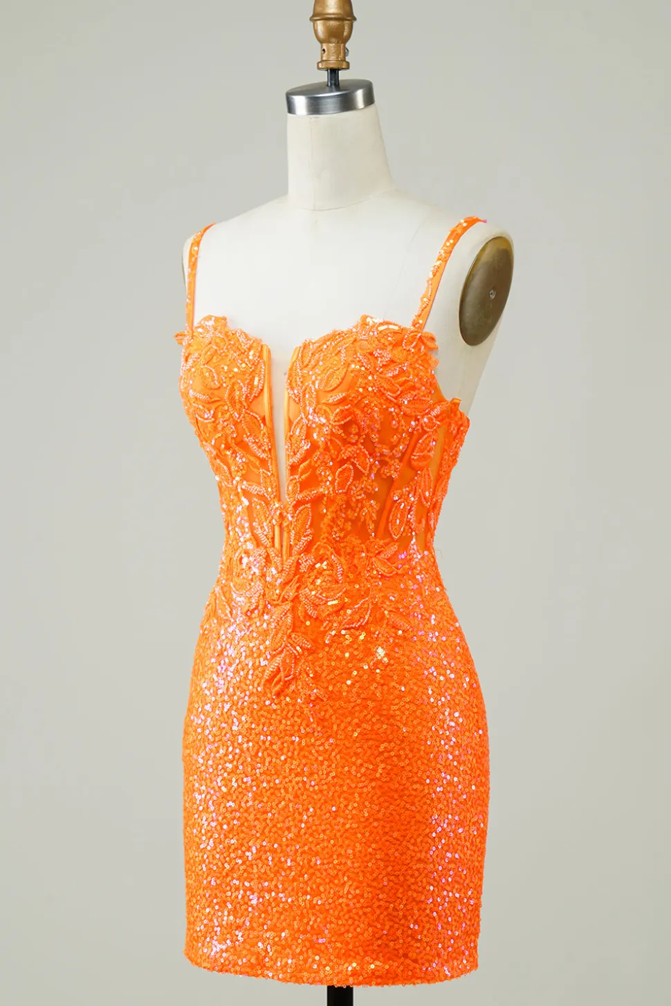 Glitter Orange Tight Homecoming Vestido com frisado