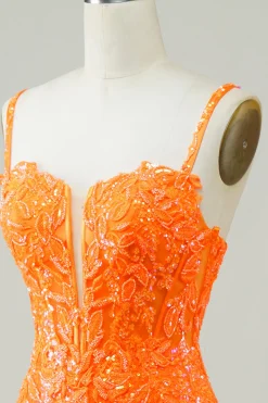 Glitter Orange Tight Homecoming Vestido com frisado