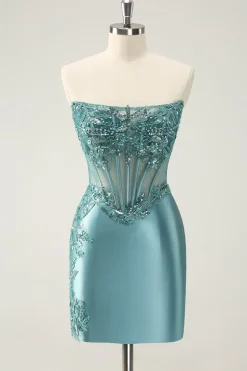 Glitter Peacock Bodycon Espartilho sem alças Appliques Homecoming Dress