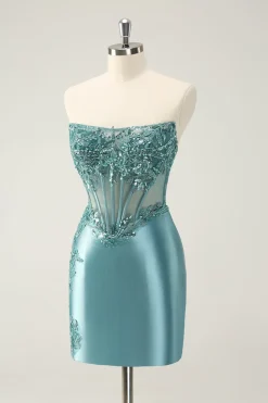 Glitter Peacock Bodycon Espartilho sem alças Appliques Homecoming Dress