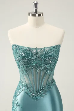 Glitter Peacock Bodycon Espartilho sem alças Appliques Homecoming Dress
