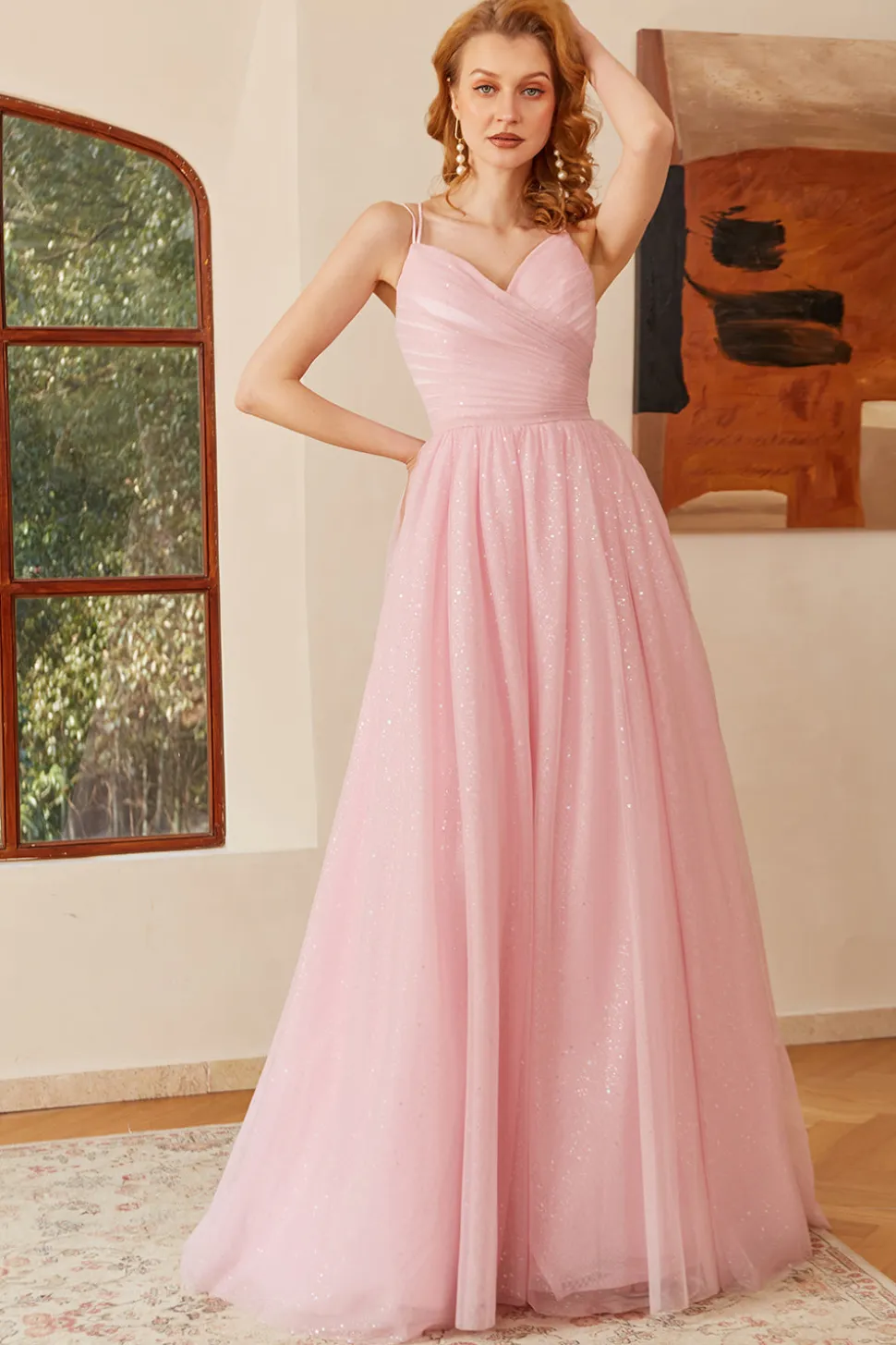 Glitter Pink Lace-Up Ruched Longo Vestido de baile
