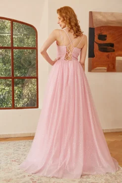 Glitter Pink Lace-Up Ruched Longo Vestido de baile
