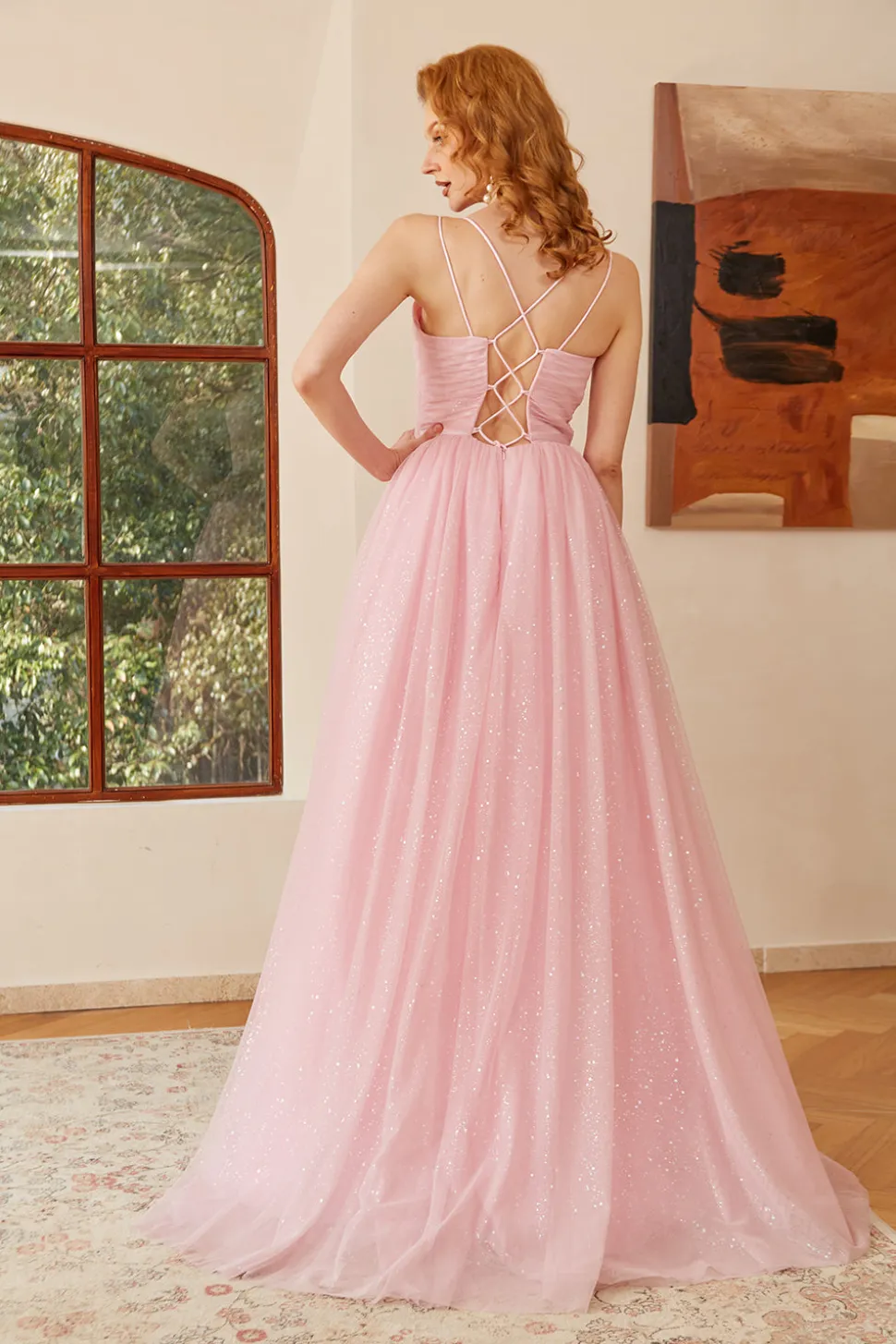 Glitter Pink Lace-Up Ruched Longo Vestido de baile