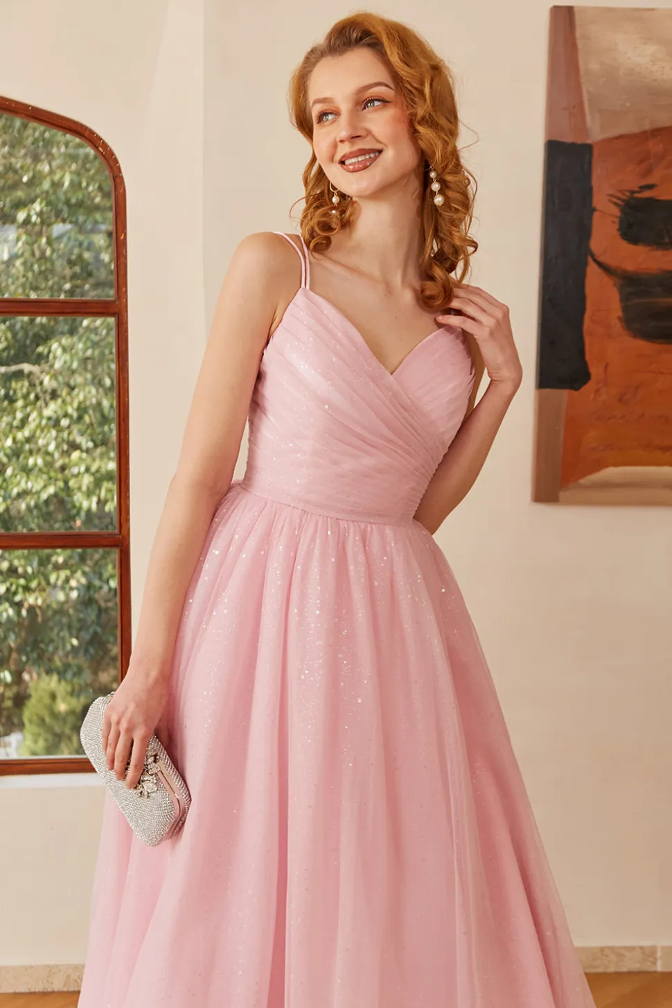 Glitter Pink Lace-Up Ruched Longo Vestido de baile