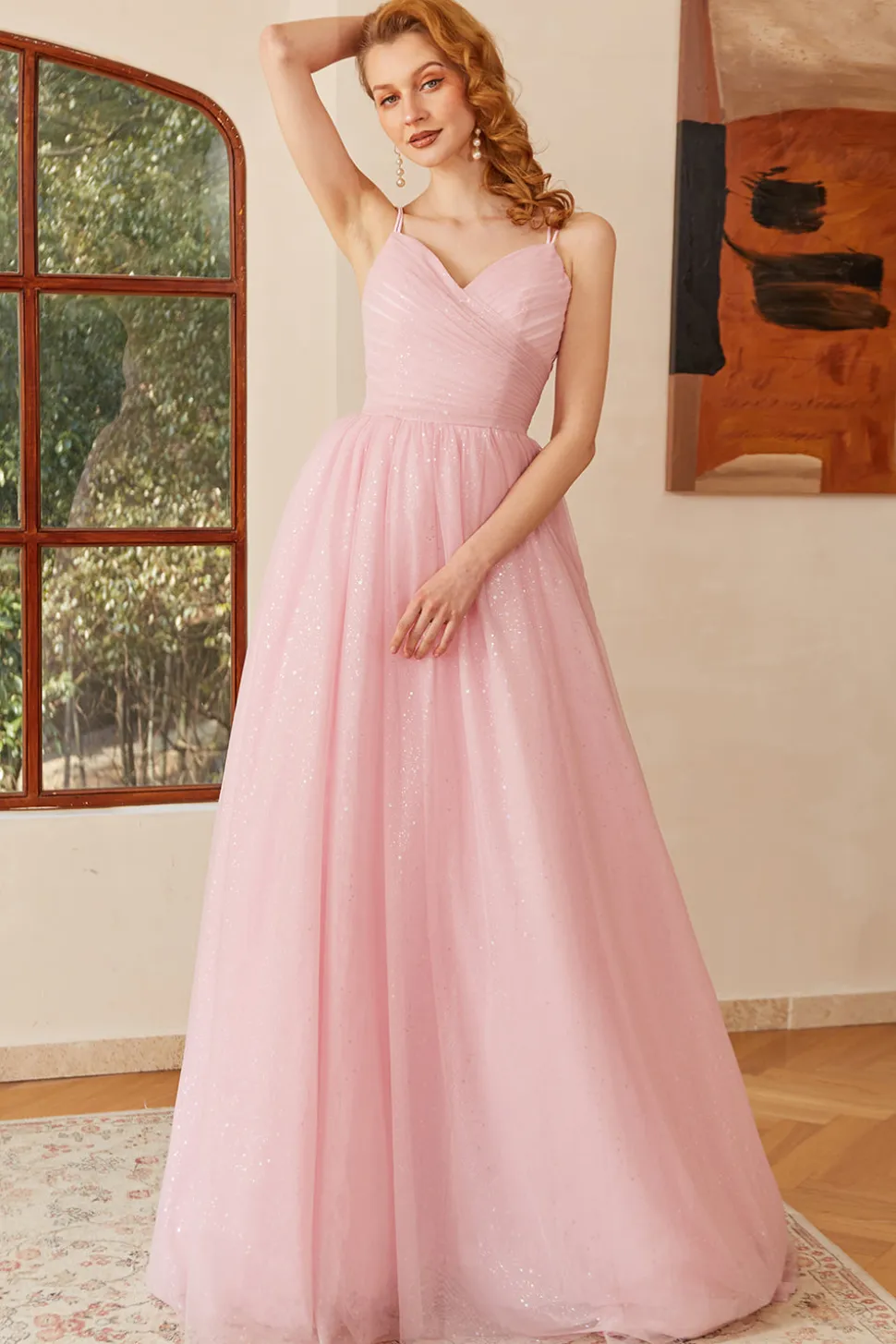 Glitter Pink Lace-Up Ruched Longo Vestido de baile