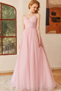 Glitter Pink Lace-Up Ruched Longo Vestido de baile