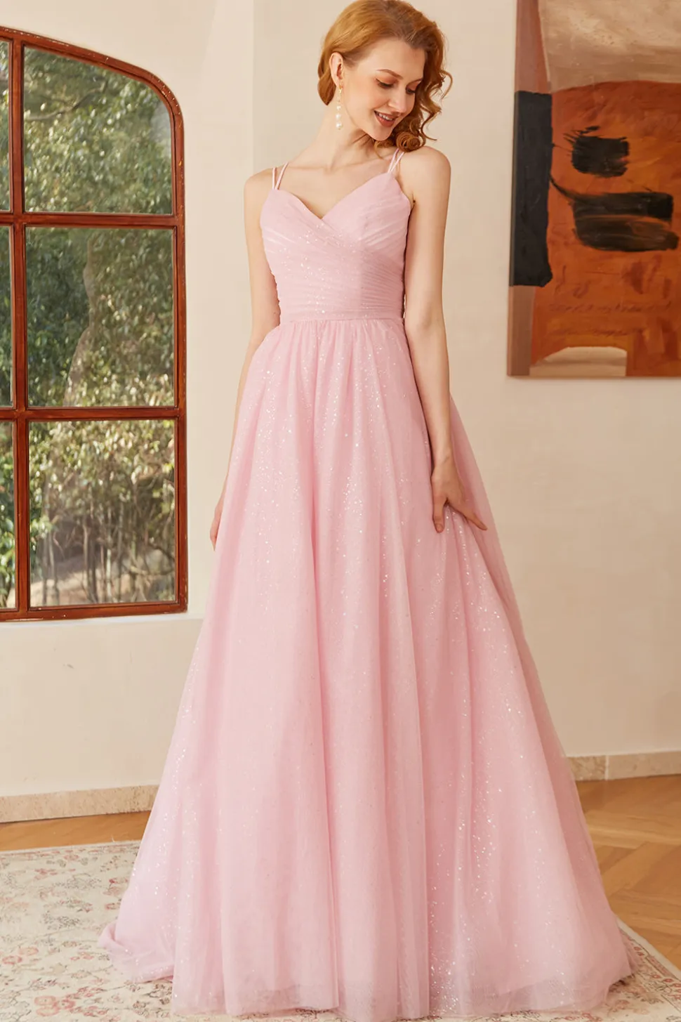 Glitter Pink Lace-Up Ruched Longo Vestido de baile