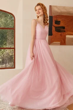 Glitter Pink Lace-Up Ruched Longo Vestido de baile