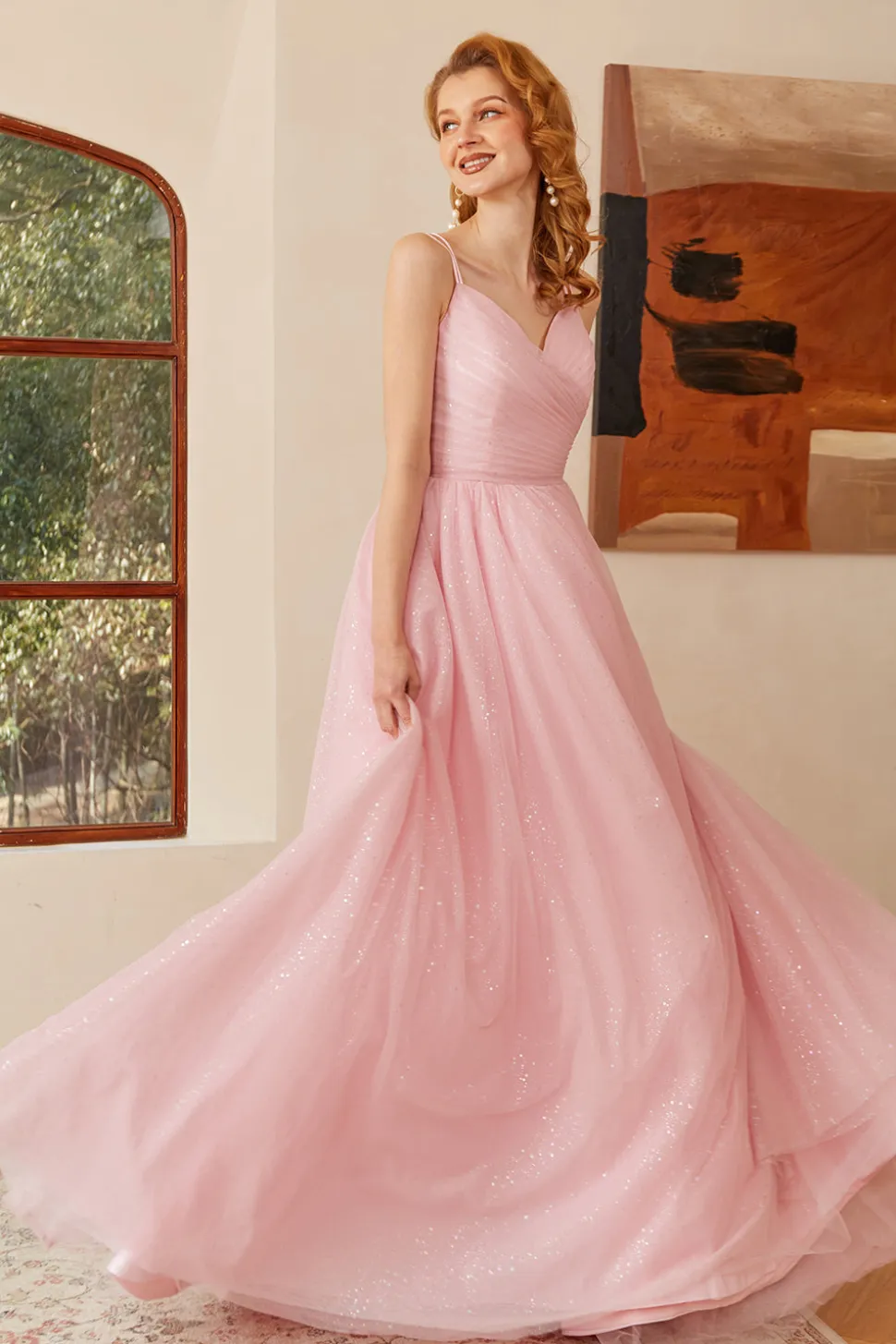Glitter Pink Lace-Up Ruched Longo Vestido de baile