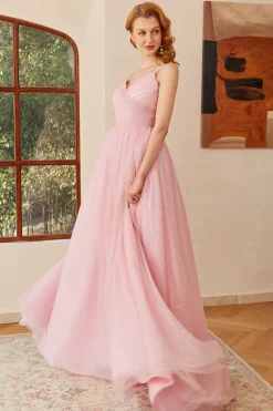 Glitter Pink Lace-Up Ruched Longo Vestido de baile