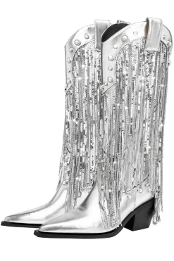 Glitter Prata Metalizado Tassel Pointed Toe Cowgirl Botas com Sequins