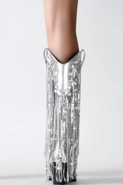Glitter Prata Metalizado Tassel Pointed Toe Cowgirl Botas com Sequins