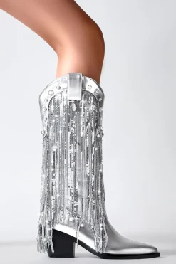 Glitter Prata Metalizado Tassel Pointed Toe Cowgirl Botas com Sequins