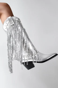 Glitter Prata Metalizado Tassel Pointed Toe Cowgirl Botas com Sequins