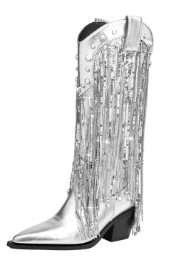 Glitter Prata Metalizado Tassel Pointed Toe Cowgirl Botas com Sequins