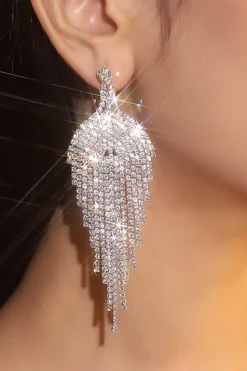 Glitter Prata Tassel Rhinestone Dangle Brincos