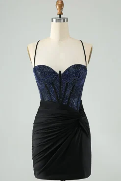 Glitter Preto Bodycon Esparguete Correias Corset Homecoming Dress com Missangas