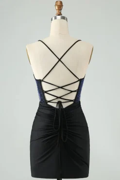Glitter Preto Bodycon Esparguete Correias Corset Homecoming Dress com Missangas