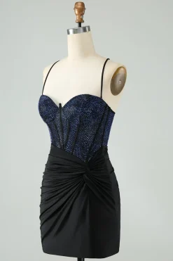 Glitter Preto Bodycon Esparguete Correias Corset Homecoming Dress com Missangas