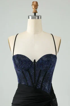 Glitter Preto Bodycon Esparguete Correias Corset Homecoming Dress com Missangas