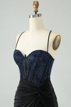 Glitter Preto Bodycon Esparguete Correias Corset Homecoming Dress com Missangas