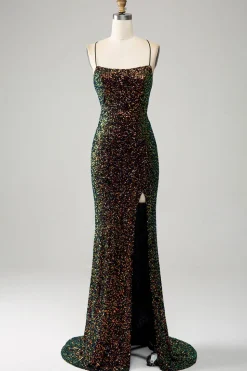 Glitter Preto Esparguete Correias Sequins Sereia Vestido de Baile com Fenda
