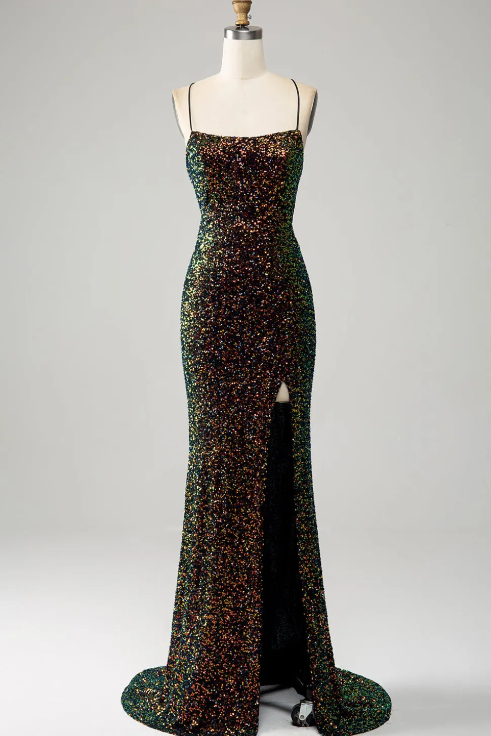 Glitter Preto Esparguete Correias Sequins Sereia Vestido de Baile com Fenda