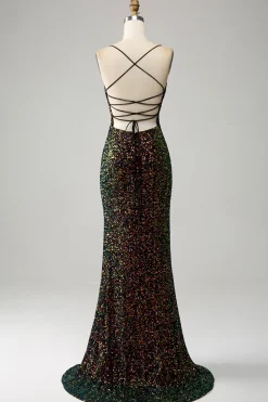 Glitter Preto Esparguete Correias Sequins Sereia Vestido de Baile com Fenda