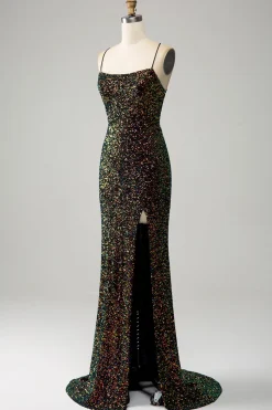 Glitter Preto Esparguete Correias Sequins Sereia Vestido de Baile com Fenda