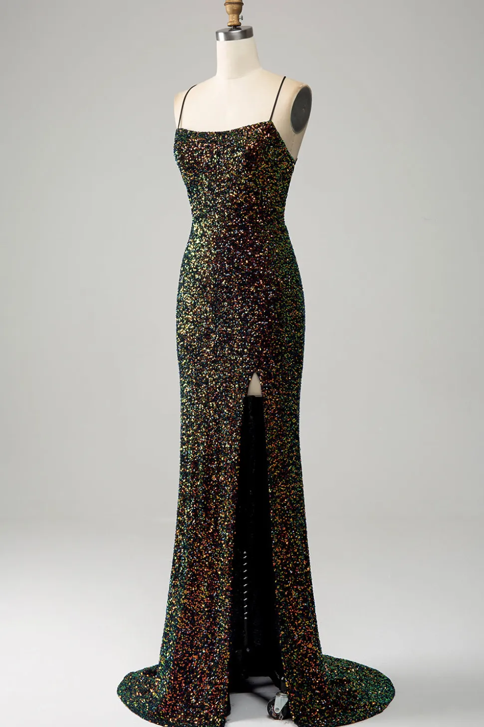 Glitter Preto Esparguete Correias Sequins Sereia Vestido de Baile com Fenda