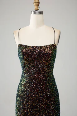 Glitter Preto Esparguete Correias Sequins Sereia Vestido de Baile com Fenda