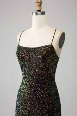 Glitter Preto Esparguete Correias Sequins Sereia Vestido de Baile com Fenda