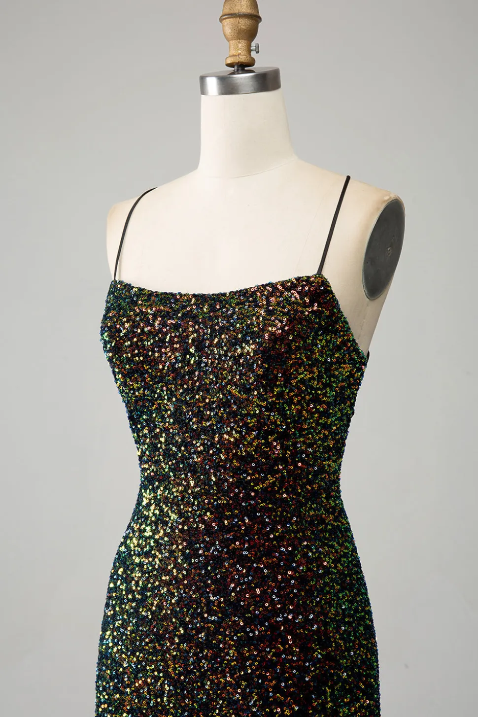 Glitter Preto Esparguete Correias Sequins Sereia Vestido de Baile com Fenda