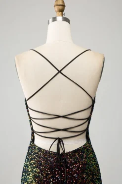 Glitter Preto Esparguete Correias Sequins Sereia Vestido de Baile com Fenda
