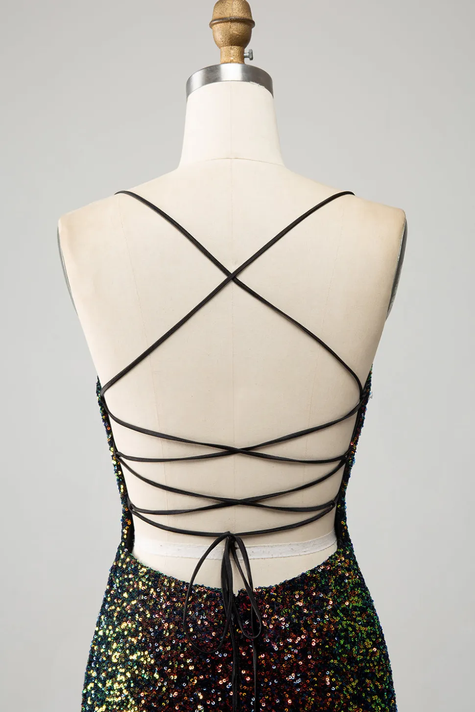 Glitter Preto Esparguete Correias Sequins Sereia Vestido de Baile com Fenda