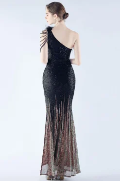 glitter preto frisado bodycon pena inclinação pescoço um ombro vestido de noite com fenda