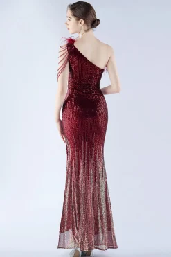 glitter preto frisado bodycon pena inclinação pescoço um ombro vestido de noite com fenda