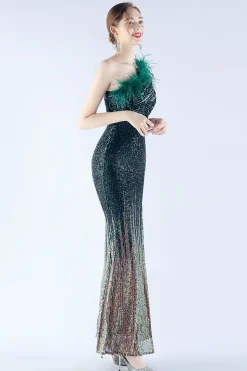 glitter preto frisado bodycon pena inclinação pescoço um ombro vestido de noite com fenda