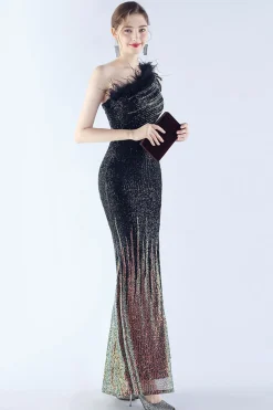 glitter preto frisado bodycon pena inclinação pescoço um ombro vestido de noite com fenda