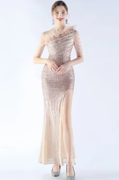 glitter preto frisado bodycon pena inclinação pescoço um ombro vestido de noite com fenda