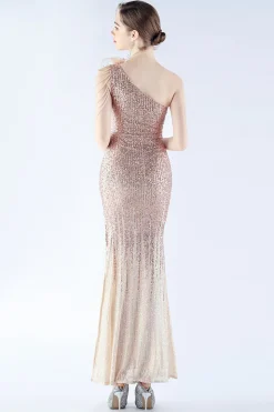 glitter preto frisado bodycon pena inclinação pescoço um ombro vestido de noite com fenda