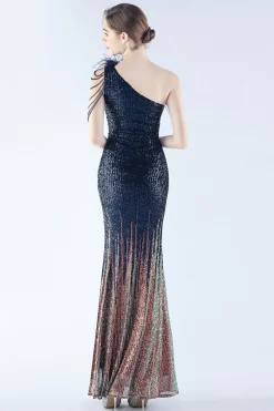 glitter preto frisado bodycon pena inclinação pescoço um ombro vestido de noite com fenda