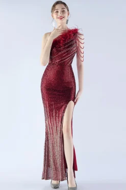 glitter preto frisado bodycon pena inclinação pescoço um ombro vestido de noite com fenda