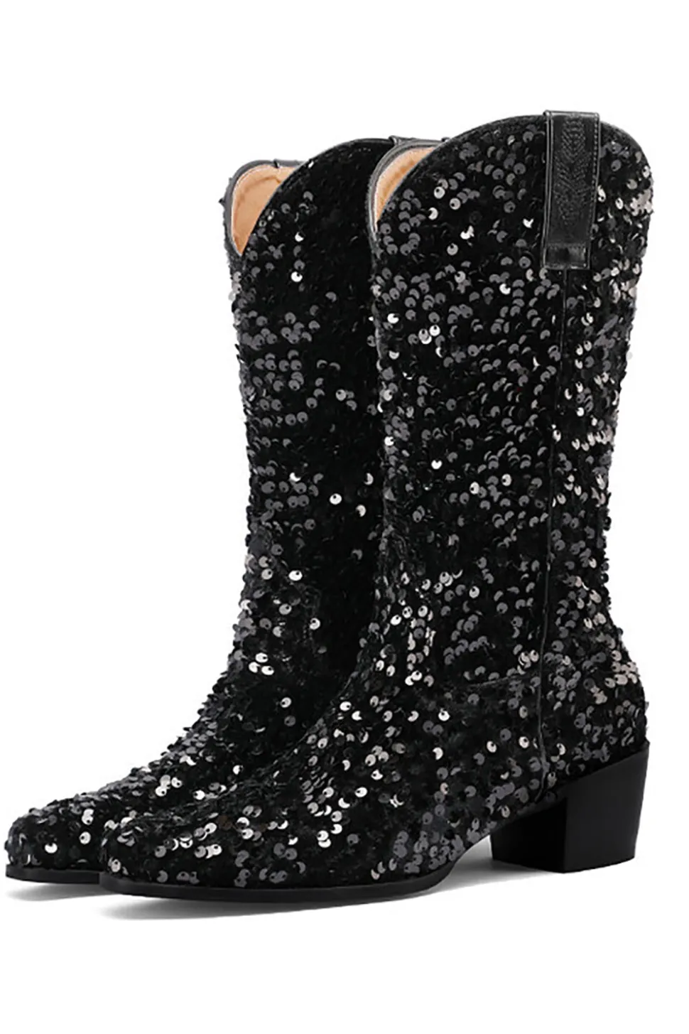 Glitter Preto Médio Calferro Sequins Snip Toe Chunky Heeled Botas