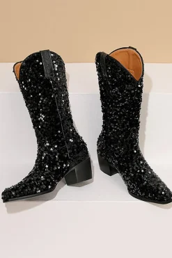 Glitter Preto Médio Calferro Sequins Snip Toe Chunky Heeled Botas