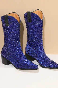 Glitter Preto Médio Calferro Sequins Snip Toe Chunky Heeled Botas
