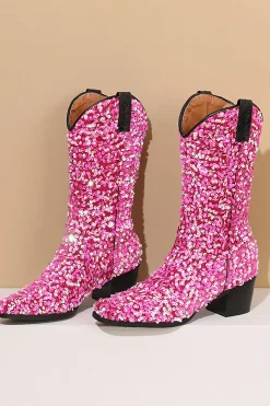 Glitter Preto Médio Calferro Sequins Snip Toe Chunky Heeled Botas